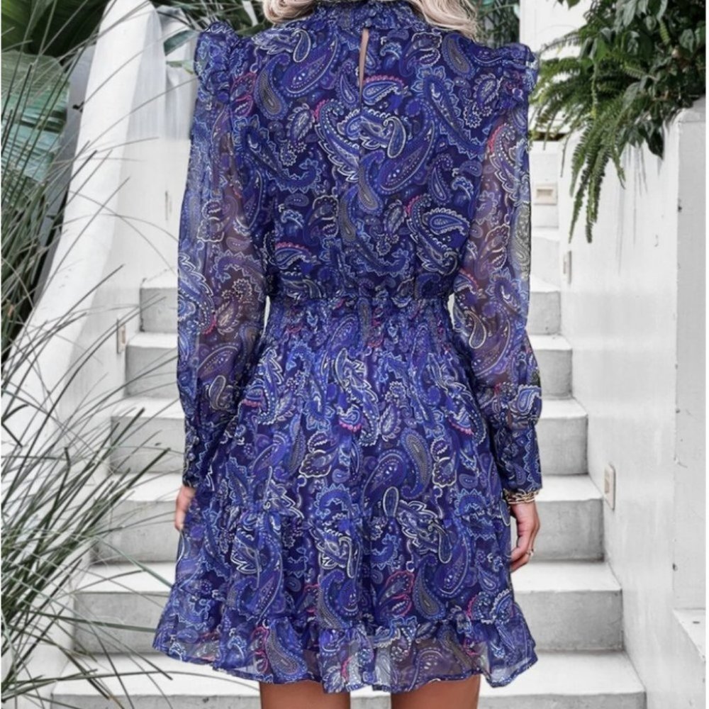 Boho blue Paisley Ruffle Trim Shirred Dress - Picture 4 of 6